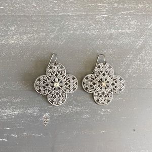 Silver Flower Floral Dangle Earrings Crystal Rhinestone Center